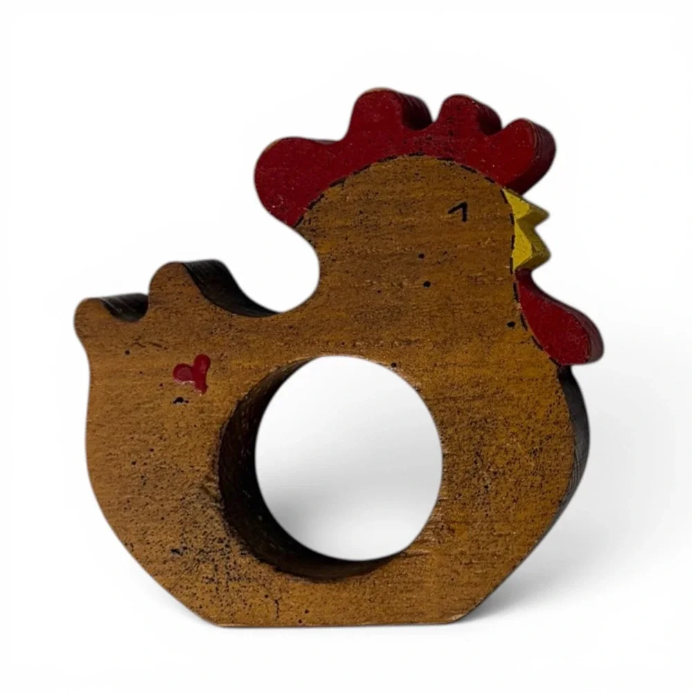 Set‎ of 4 Wooden Chicken Napkin Rings Hand Painted Country Farmhouse Decor Vtg